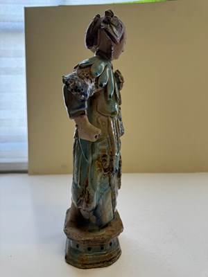 Lot 83 - A PAIR OF CHINESE SHIWAN GLAZED STONEWARE FIGURES OF COURT LADIES, QING DYNASTY, CIRCA 1900