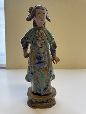 Lot 83 - A PAIR OF CHINESE SHIWAN GLAZED STONEWARE FIGURES OF COURT LADIES, QING DYNASTY, CIRCA 1900