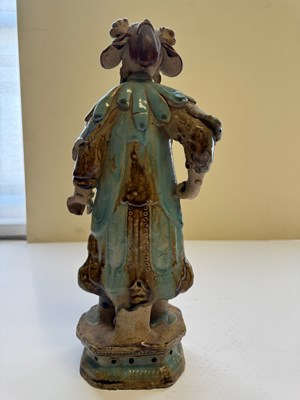 Lot 83 - A PAIR OF CHINESE SHIWAN GLAZED STONEWARE FIGURES OF COURT LADIES, QING DYNASTY, CIRCA 1900