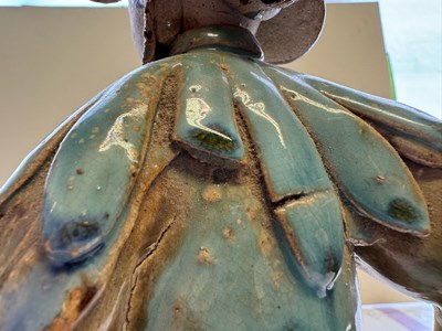 Lot 83 - A PAIR OF CHINESE SHIWAN GLAZED STONEWARE FIGURES OF COURT LADIES, QING DYNASTY, CIRCA 1900