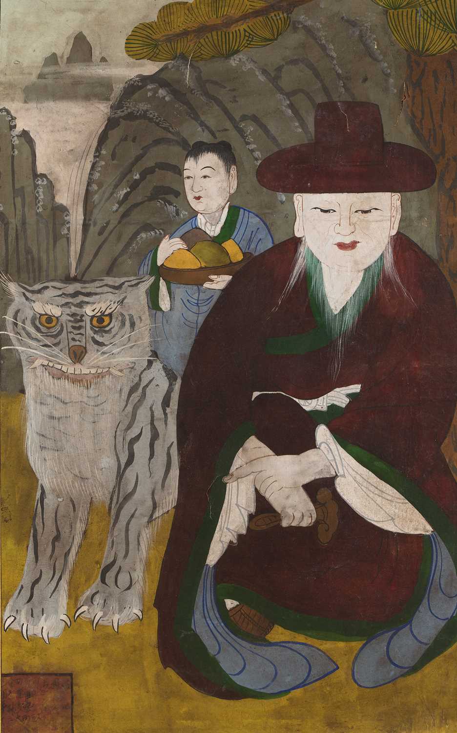 Lot 93 - A KOREAN FOLK PAINTING OF THE MOUNTAIN GOD SANSHIN, JOSEON DYNASTY, LATE 19TH CENTURY