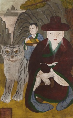 Lot 93 - A KOREAN FOLK PAINTING OF THE MOUNTAIN GOD SANSHIN, JOSEON DYNASTY, LATE 19TH CENTURY