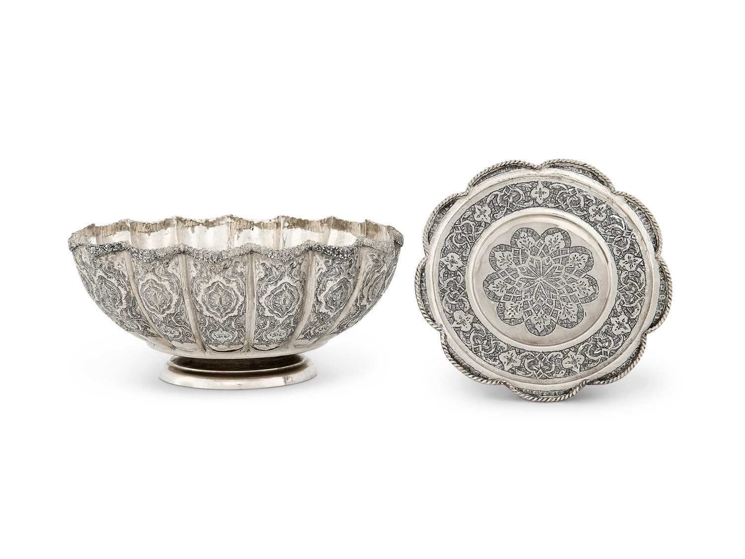 Lot 64 - AN IRANI WHITE METAL BOWL, APPARENTLY UNMARKED, PROBABLY ISFAHAN, MID 20TH CENTURY