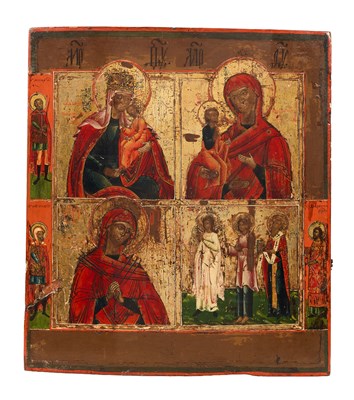 Lot 49 - A RUSSIAN ICON OF FOUR VIRGINS WITH THREE BORDER SAINTS, 18TH CENTURY