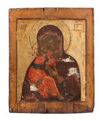 Lot 48 - AN RUSSIAN ICON OF THE VIRGIN OF VLADIMIR, NORTHERN SCHOOL, CIRCA 1700