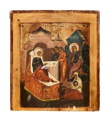 Lot 51 - A RUSSIAN ICON OF THE NATIVITY OF THE VIRGIN, VILLAGE SCHOOL, LATE 18TH CENTURY