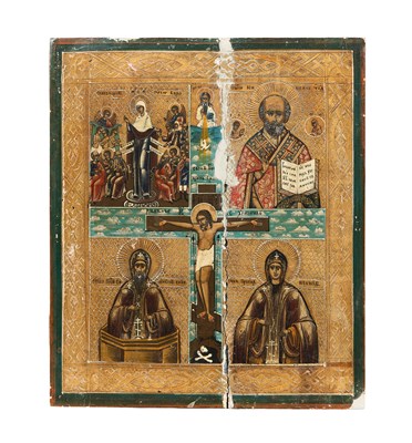 Lot 61 - A RUSSIAN ICON OF THE CRUCIFIXION AND FOUR SAINTS, LATE 19TH CENTURY