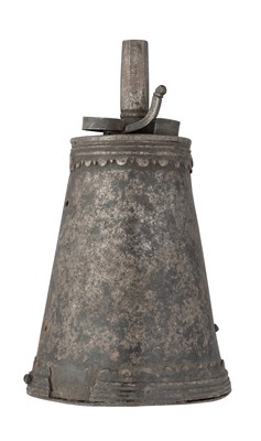 Lot 348 - AN ITALIAN POWDER-FLASK FORMED ENTIRELY OF STEEL, LAST QUARTER OF THE 16TH CENTURY