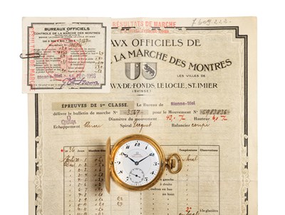Lot 305 - OMEGA, CHRONOMETRE 'GRADE VERY BEST': GOLD HUNTER CASED POCKET CHRONOMETER WATCH, CIRCA 1922 / 36