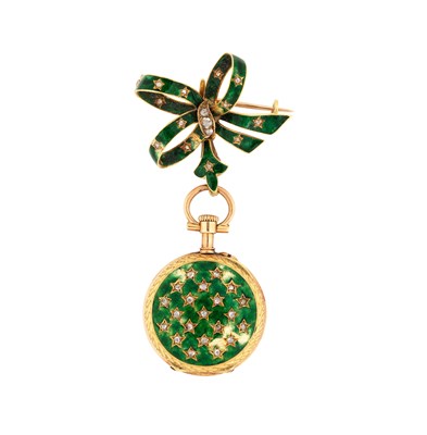 Lot 340 - GOLD, ENAMEL AND DIAMOND LADY'S FOB WATCH ON BROOCH, EARLY 20TH CENTURY