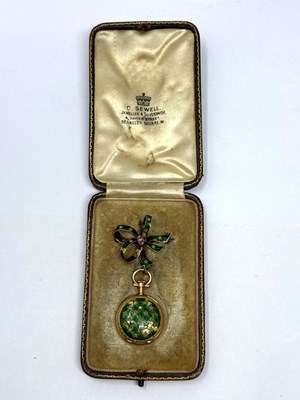 Lot 340 - GOLD, ENAMEL AND DIAMOND LADY'S FOB WATCH ON BROOCH, EARLY 20TH CENTURY