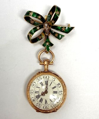 Lot 340 - GOLD, ENAMEL AND DIAMOND LADY'S FOB WATCH ON BROOCH, EARLY 20TH CENTURY