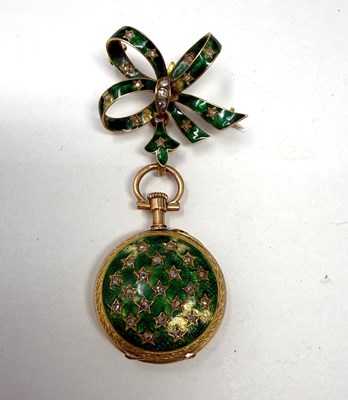 Lot 340 - GOLD, ENAMEL AND DIAMOND LADY'S FOB WATCH ON BROOCH, EARLY 20TH CENTURY