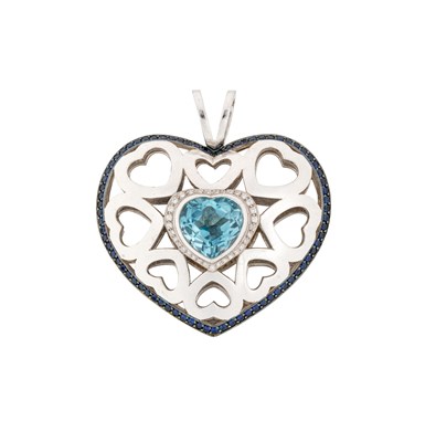 Lot 485 - THEO FENNELL: BLUE TOPAZ, SAPPHIRE AND DIAMOND PENDANT