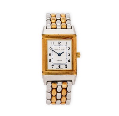 Lot 327 - JAEGER-LECOULTRE, REVERSO, REF.260.550.082: LADY'S STAINLESS STEEL AND GOLD BRACELET WATCH, CIRCA 2002