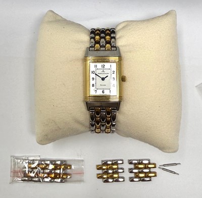 Lot 327 - JAEGER-LECOULTRE, REVERSO, REF.260.550.082: LADY'S STAINLESS STEEL AND GOLD BRACELET WATCH, CIRCA 2002