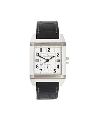 Lot 319 - JAEGER-LECOULTRE, REVERSO SQUADRA 'HOMETIME', REF. 230.8.77: GENTLEMAN'S STAINLESS STEEL WRISTWATCH, CIRCA 2008