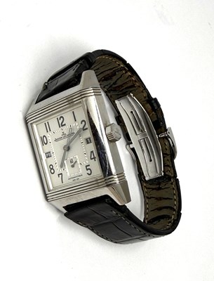 Lot 319 - JAEGER-LECOULTRE, REVERSO SQUADRA 'HOMETIME', REF. 230.8.77: GENTLEMAN'S STAINLESS STEEL WRISTWATCH, CIRCA 2008