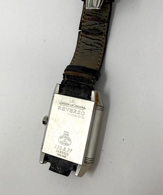 Lot 319 - JAEGER-LECOULTRE, REVERSO SQUADRA 'HOMETIME', REF. 230.8.77: GENTLEMAN'S STAINLESS STEEL WRISTWATCH, CIRCA 2008