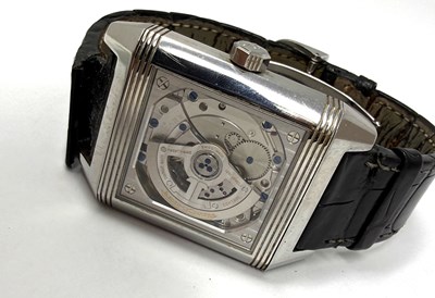 Lot 319 - JAEGER-LECOULTRE, REVERSO SQUADRA 'HOMETIME', REF. 230.8.77: GENTLEMAN'S STAINLESS STEEL WRISTWATCH, CIRCA 2008