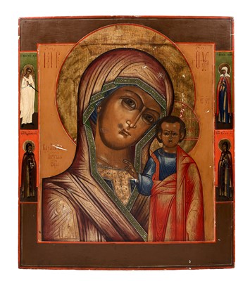 Lot 57 - A RUSSIAN ICON OF THE VIRGIN OF KAZAN WITH FOUR BORDER SAINTS, MID 19TH CENTURY