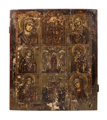 Lot 54 - A RUSSIAN ICON OF NINE TYPES OF THE THEOTOKOS, 19TH CENTURY