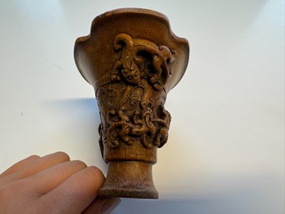 Lot 31 - A CHINESE CARVED BAMBOO 'CHILONG' LIBATION CUP, QING DYNASTY, EARLY 19TH CENTURY