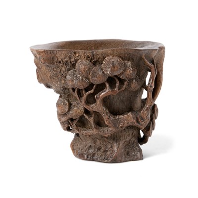 Lot 32 - A CHINESE CARVED BAMBOO 'PINE TREE' LIBATION CUP, QING DYNASTY, 19TH CENTURY