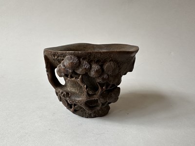 Lot 32 - A CHINESE CARVED BAMBOO 'PINE TREE' LIBATION CUP, QING DYNASTY, 19TH CENTURY