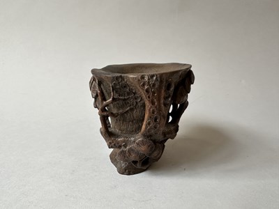 Lot 32 - A CHINESE CARVED BAMBOO 'PINE TREE' LIBATION CUP, QING DYNASTY, 19TH CENTURY
