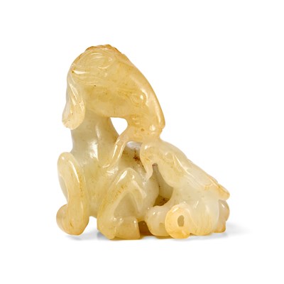 Lot 23 - A CHINESE PALE CELADON JADE RAM GROUP, QING DYNASTY, 18TH CENTURY