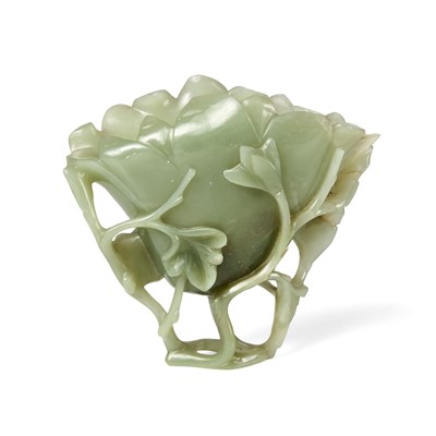 Lot 20 - A CHINESE PALE GREEN JADE 'MAGNOLIA' LIBATION CUP, LATE QING DYNASTY