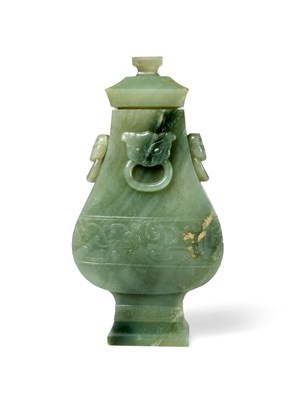 Lot 21 - A CHINESE ARCHAISTIC JADE VASE AND COVER, FANG HU, LATE QING DYNASTY