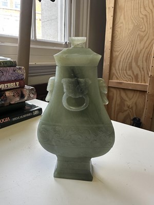 Lot 21 - A CHINESE ARCHAISTIC JADE VASE AND COVER, FANG HU, LATE QING DYNASTY