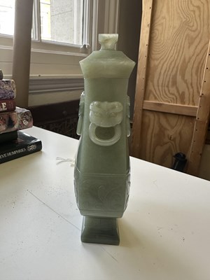 Lot 21 - A CHINESE ARCHAISTIC JADE VASE AND COVER, FANG HU, LATE QING DYNASTY