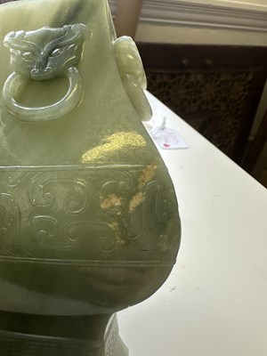 Lot 21 - A CHINESE ARCHAISTIC JADE VASE AND COVER, FANG HU, LATE QING DYNASTY