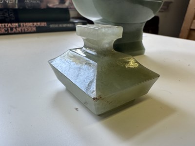 Lot 21 - A CHINESE ARCHAISTIC JADE VASE AND COVER, FANG HU, LATE QING DYNASTY