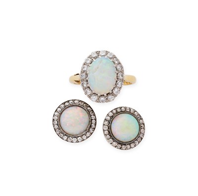 Lot 464 - PAIR OF OPAL AND DIAMOND EAR STUDS AND A RING