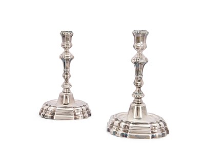 Lot 76 - A PAIR OF SPANISH SILVER CANDLESTICKS, MAKER'S MARK F.P/ARS, BARCELONA, MID 18TH CENTURY