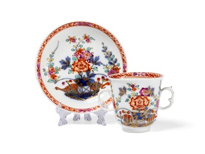 Lot 2 - A MEISSEN PORCELAIN TWO-HANDLED CUP AND SAUCER, THE CUP PROBABLY MID 18TH CENTURY AND THE SAUCER 19TH CENTURY