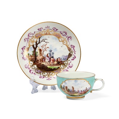 Lot 4 - A MEISSEN PORCELAIN TURQUOISE GROUND CUP AND SAUCER, MID 18TH CENTURY