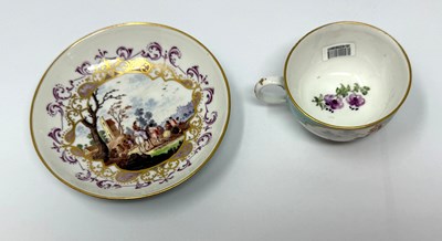 Lot 4 - A MEISSEN PORCELAIN TURQUOISE GROUND CUP AND SAUCER, MID 18TH CENTURY