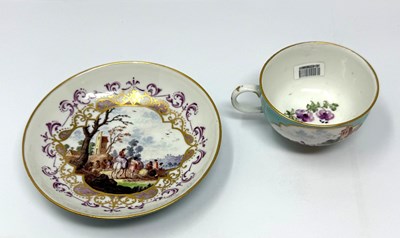 Lot 4 - A MEISSEN PORCELAIN TURQUOISE GROUND CUP AND SAUCER, MID 18TH CENTURY