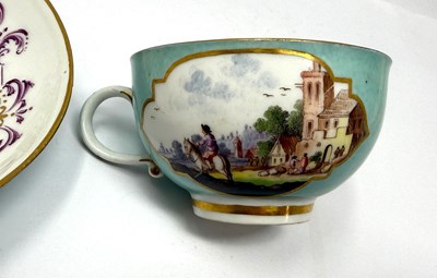 Lot 4 - A MEISSEN PORCELAIN TURQUOISE GROUND CUP AND SAUCER, MID 18TH CENTURY