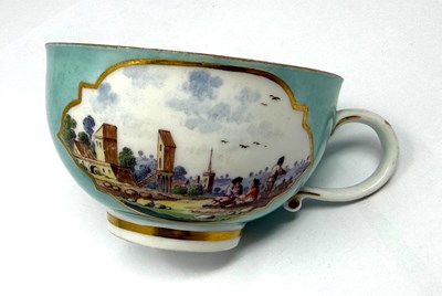 Lot 4 - A MEISSEN PORCELAIN TURQUOISE GROUND CUP AND SAUCER, MID 18TH CENTURY