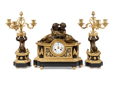 Lot 43 - A FRENCH THREE-PIECE BLACK MARBLE AND PARCEL-GILT BRONZE FIGURAL CLOCK GARNITURE, PARIS, MID 19TH CENTURY
