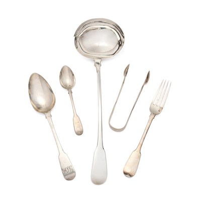 Lot 86 - ASSORTED FIDDLE PATTERN TABLE SILVER, VARIOUS MAKERS, LONDON, 1809-1864