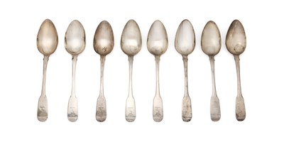 Lot 87 - A SET OF EIGHT GEORGE III SILVER TABLESPOONS, RICHARD POULDEN, LONDON, 1819