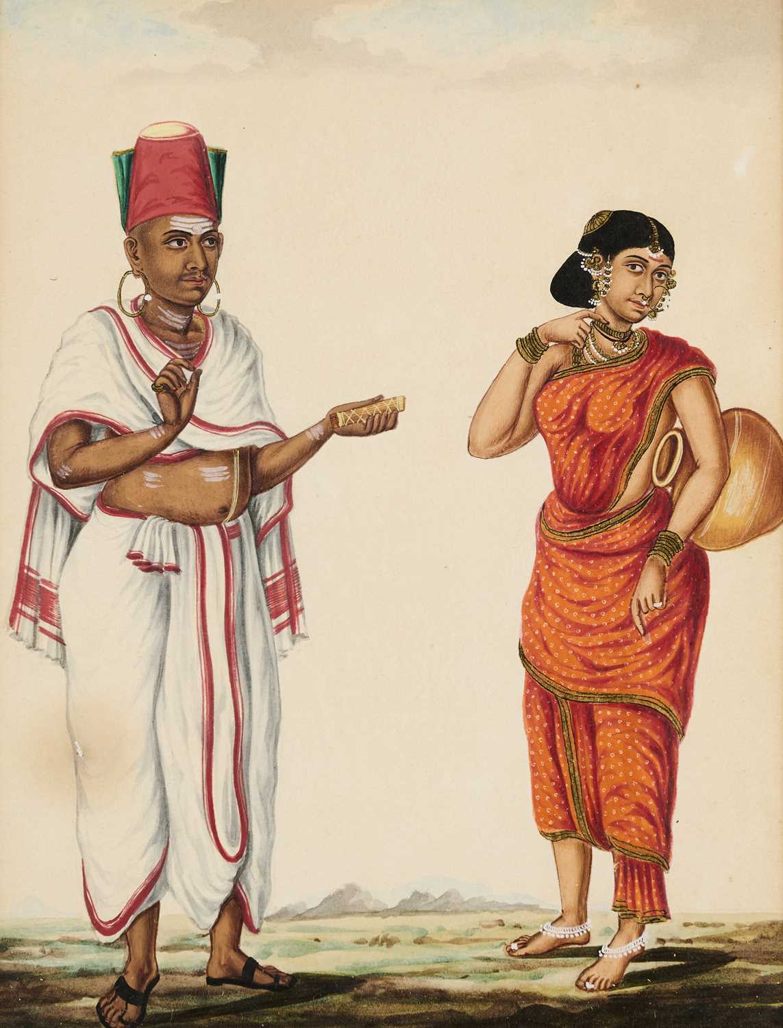 Lot 36 - A DEPICTION OF A PRIEST AND HIS WIFE, TANJORE, SOUTH INDIA, CIRCA 1820