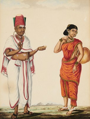 Lot 36 - A DEPICTION OF A PRIEST AND HIS WIFE, TANJORE, SOUTH INDIA, CIRCA 1820